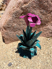 Load image into Gallery viewer, metal blooming agave - turquoise with pink flower