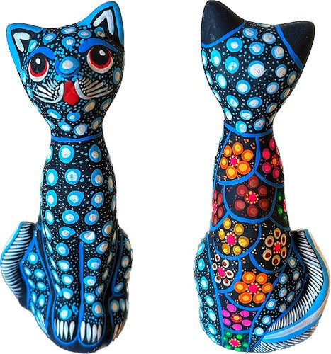 hand painted cat figurine light blue