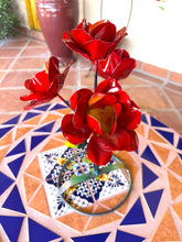 Load image into Gallery viewer, Red metal flower bouquet on a blue and tan mosaic tile surface.