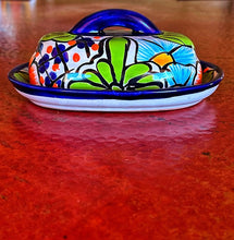 Load image into Gallery viewer, talavera butter dish green blue flowers
