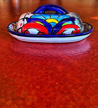 Load image into Gallery viewer, talavera butter dish blue red yellow