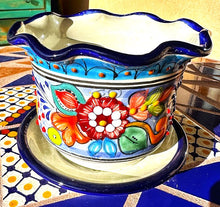 Load image into Gallery viewer, talavera planter with saucer blue and orange dot border
