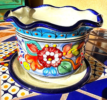 Load image into Gallery viewer, talavera planter with saucer blue and orange dot border