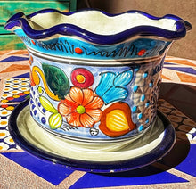 Load image into Gallery viewer, talavera planter with saucer blue and red dot border