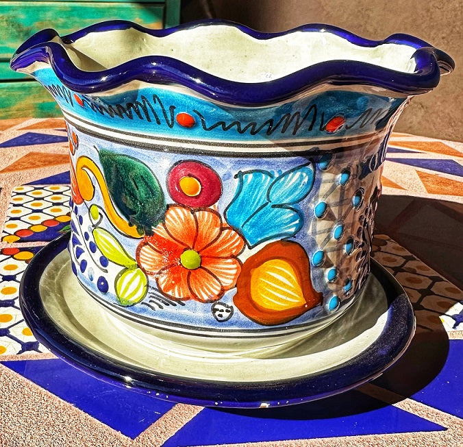 talavera planter with saucer blue and red dot border