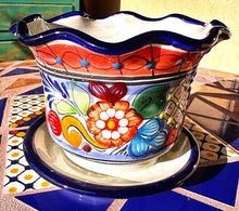 Load image into Gallery viewer, talavera planter with saucer red and blue dot border
