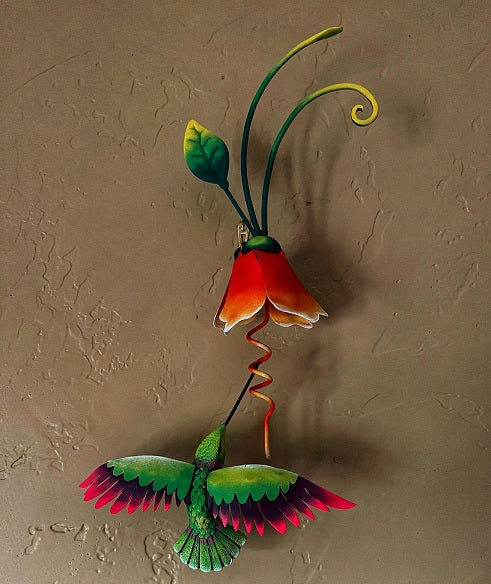 hummingbird with orange flower wall decor