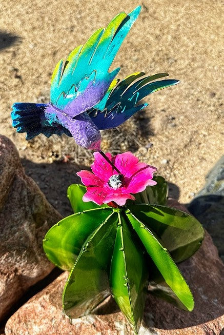 barrel cactus hummingbird yard art-pink flower