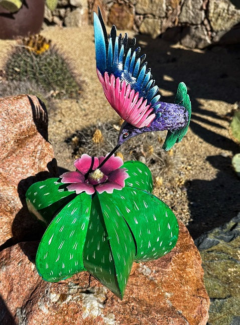 Barrel Cactus Hummingbird 3-D Metal Art