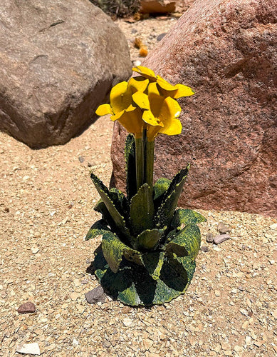 metal blooming agave with yellow flower yard art