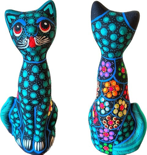 hand painted cat figurine teal