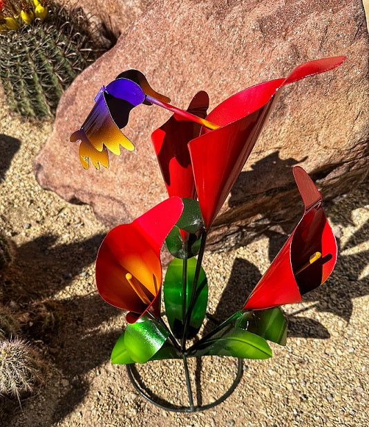 metal flower calla lily with hummingbird red