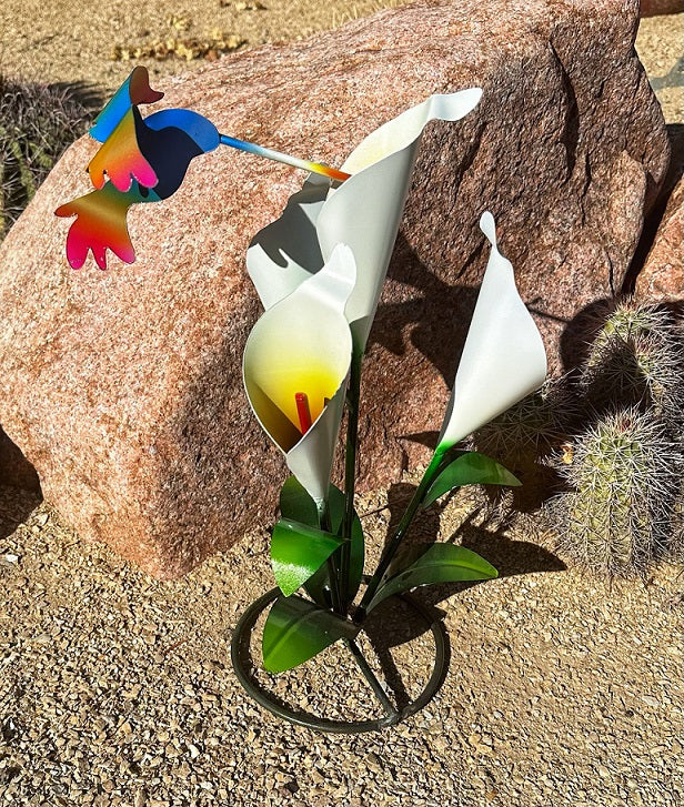 Metal Flowers - Calla Lily With Hummingbird Yard Art - 17