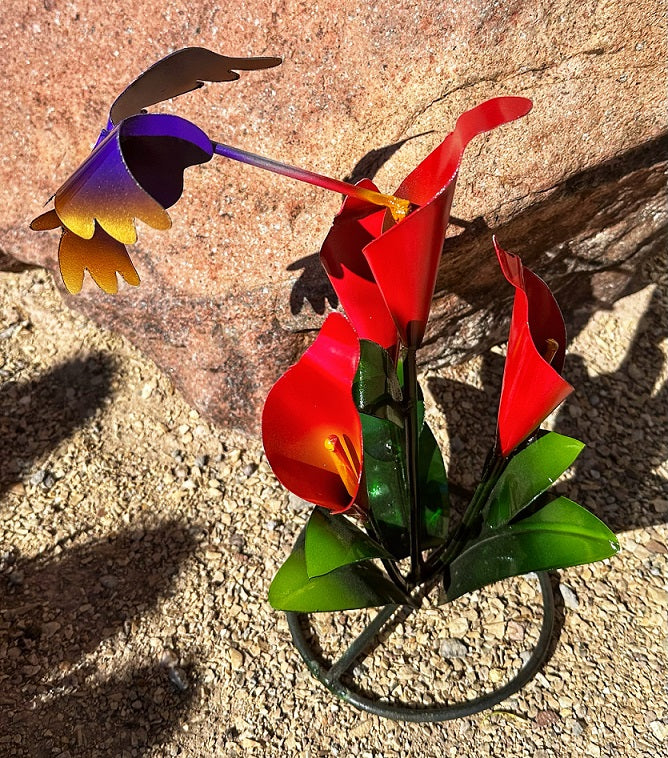 metal flower calla lily with hummingbird red