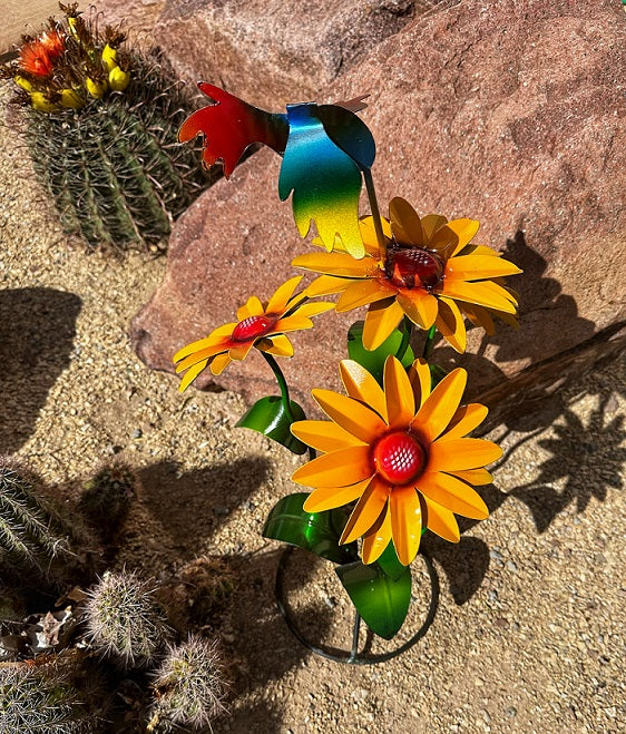 metal sunflower bouquet with hummingbird
