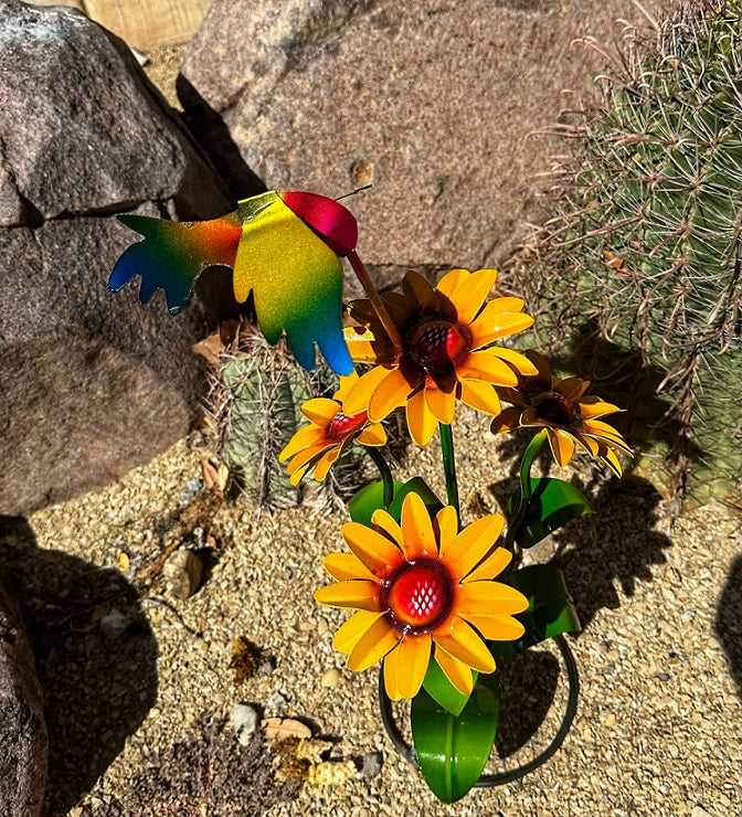 metal sunflowers with hummingbird yard art