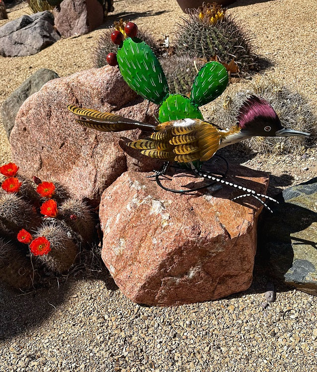 Roadrunner Running By Nopal Cactus Metal Yard Art