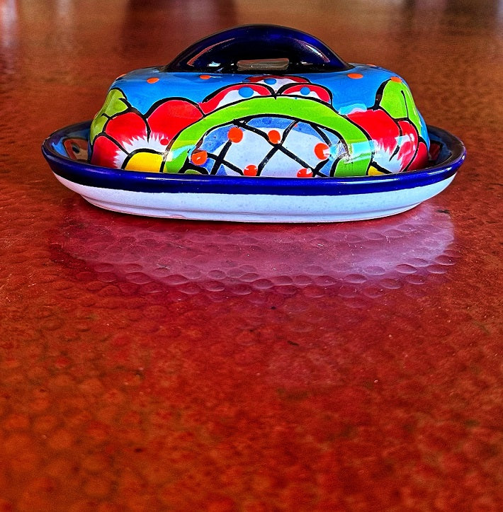talavera butter dish blue and red