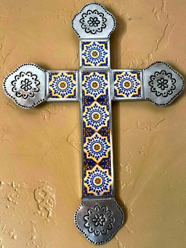 talavera tile tin cross - blue and gold