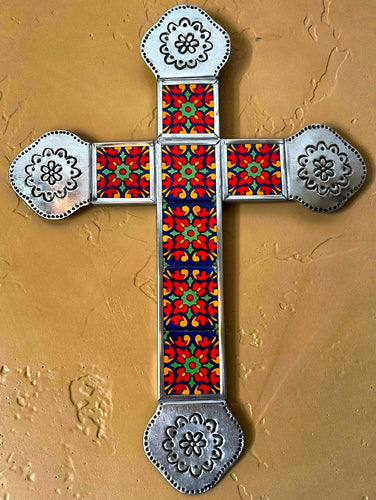 talavera tile tin cross - red
