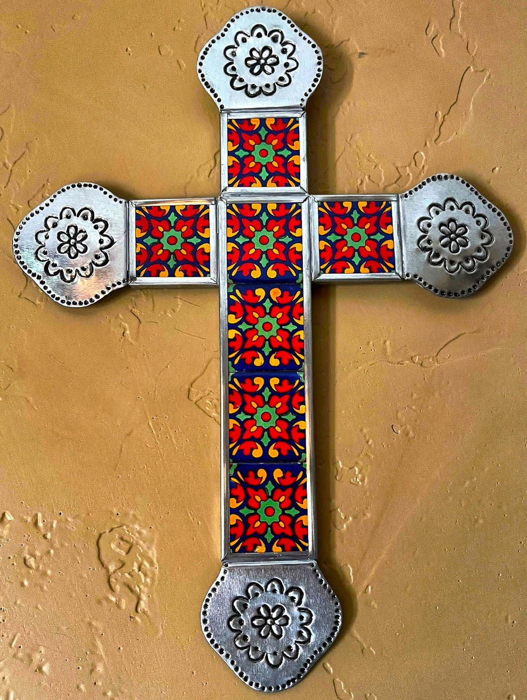 talavera tile tin cross - red