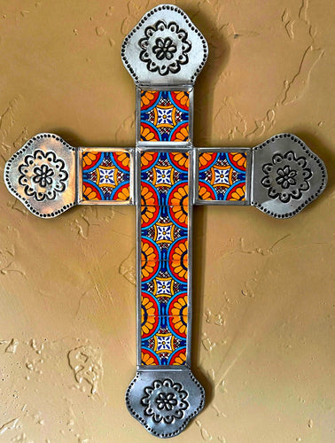 talavera tile tin cross yellow and blue