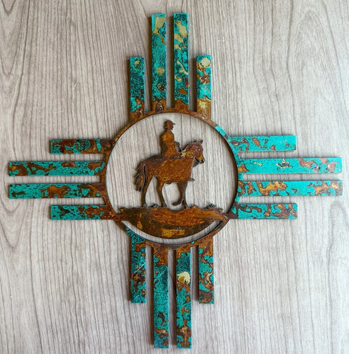 zia with cowboy on horse metal wall art