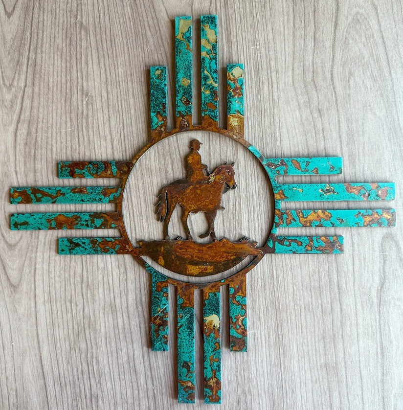 zia with cowboy on horse metal wall art