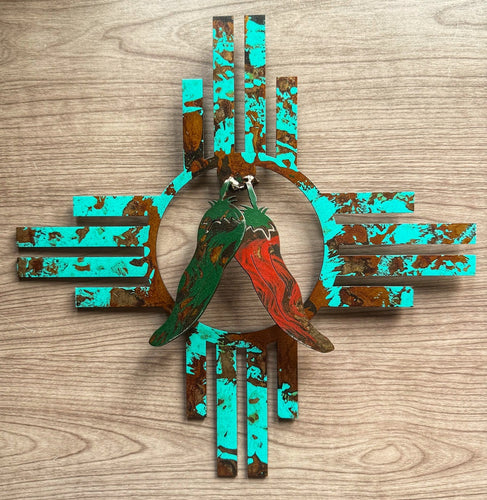 Decorative Zia with Chiles Metal Wall Art