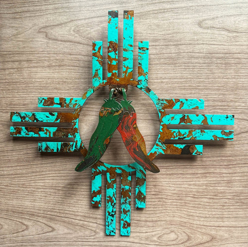 zia with green and red chiles metal wall art