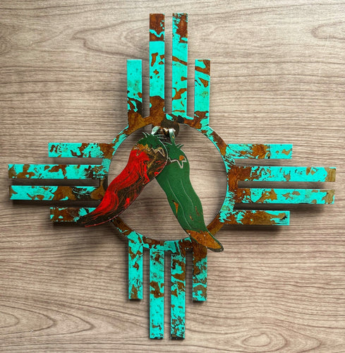 decorative zia with red and green chiles metal wall art