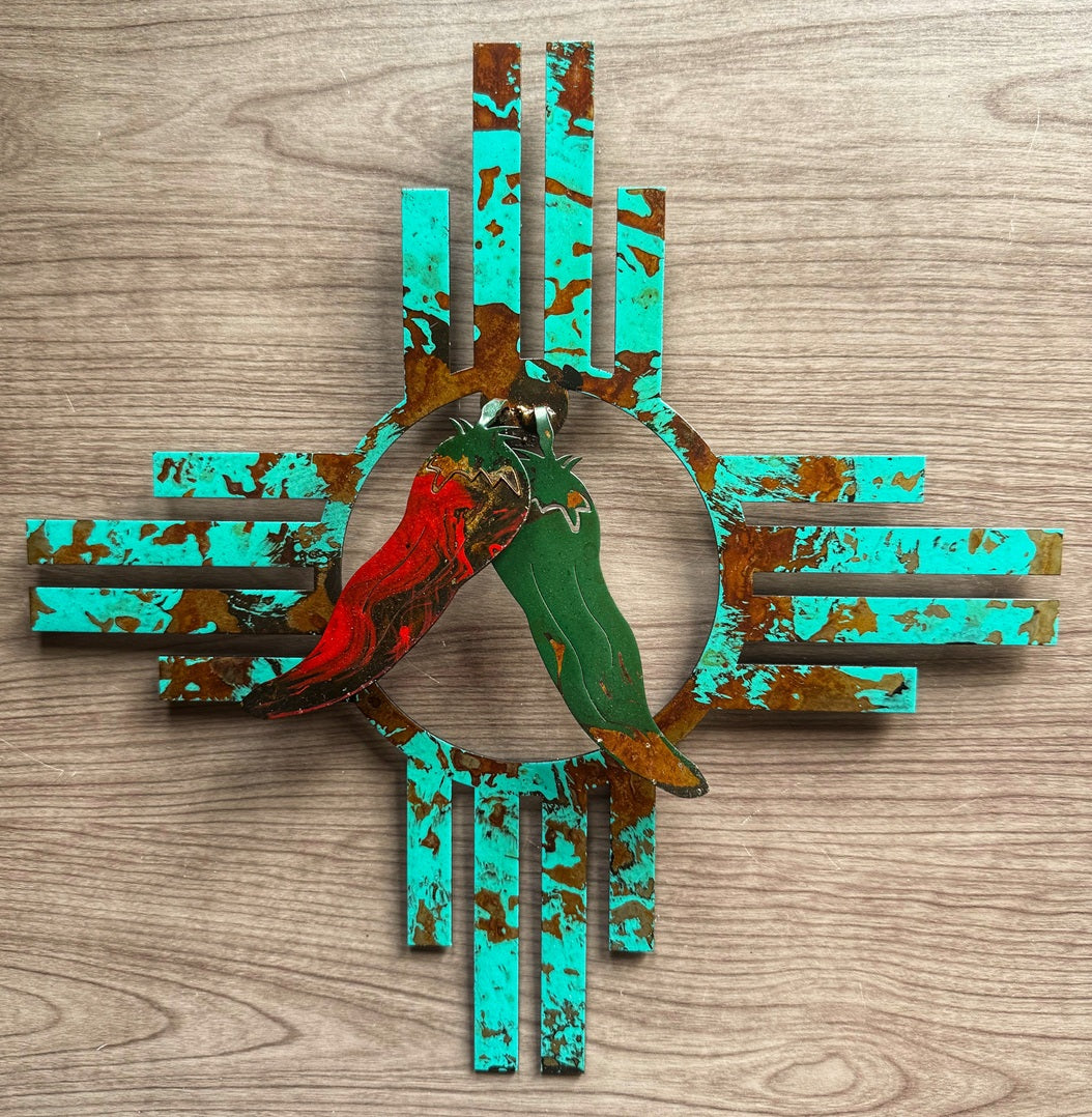 decorative zia with red and green chiles metal wall art