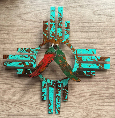 zia with red and green chiles metal wall art