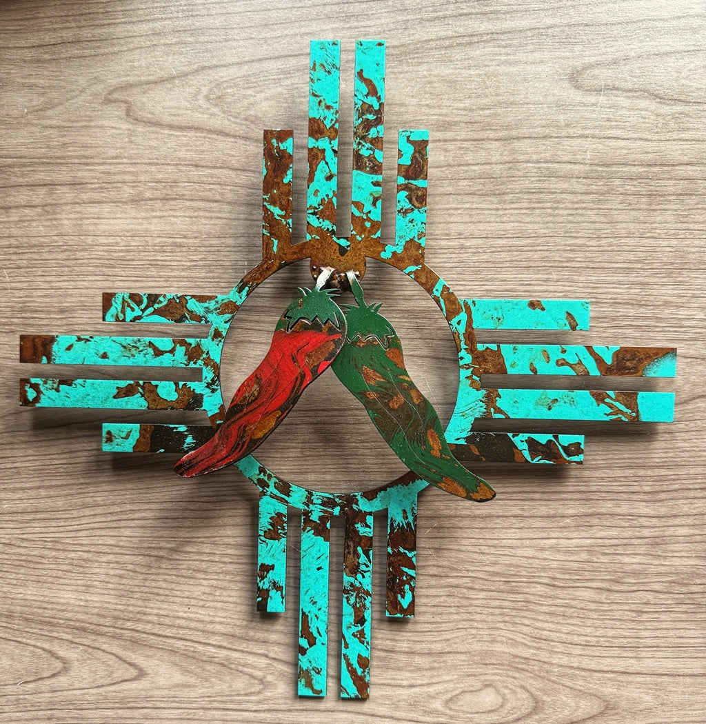zia with red and green chiles metal wall art
