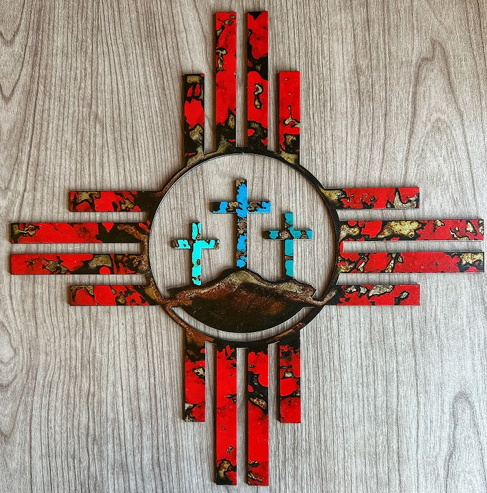 zia with three crosses metal wall art - red 2