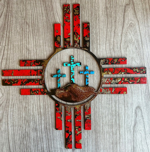 zia with three crosses metal wall art - red 3