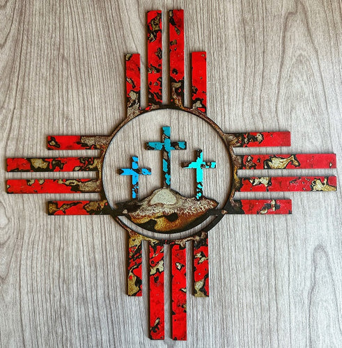 zia with three crosses metal wall art - red 4