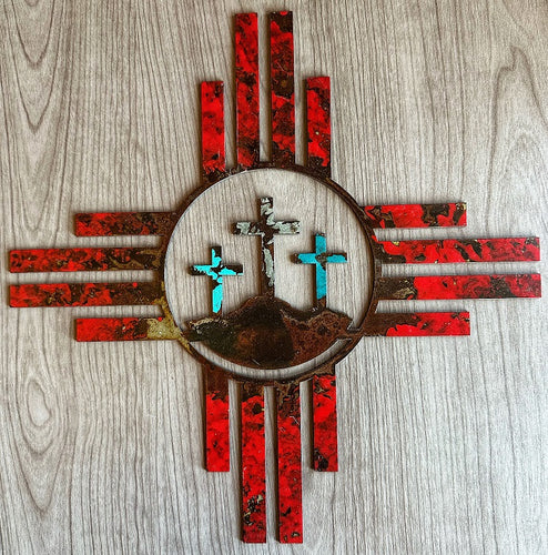 zia with three crosses meta wall art - red