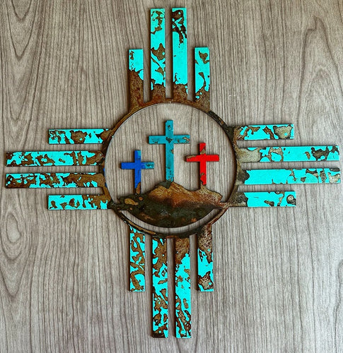 zia with three crosses metal wall art - turquoise