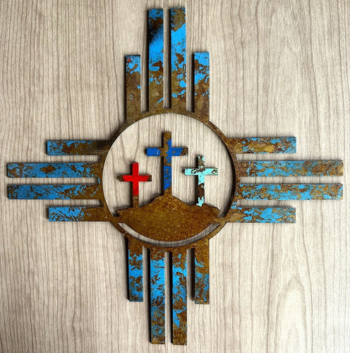 zia with three crosses metal wall art blue