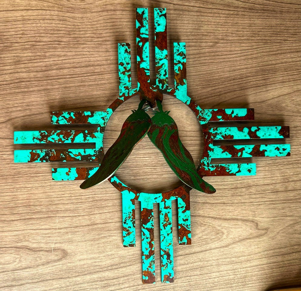 new mexico zia metal wall art with green chiles