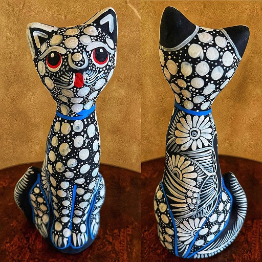 hand painted cat statue - white polka dots