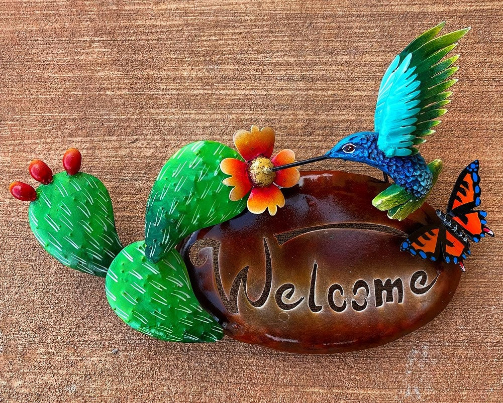 cactus hummingbird welcome metal plaque