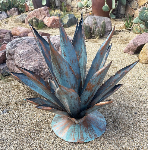 metal agave yard art - light blue