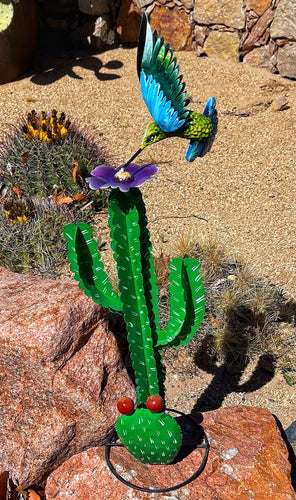 saguaro cactus and hummingbird yard art