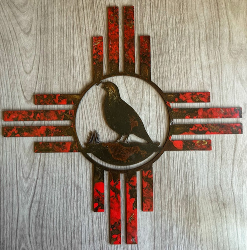 zia with quail metal wall art - red
