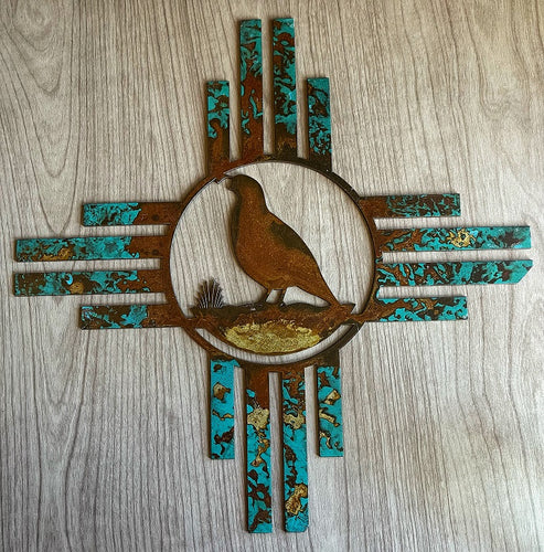 zia with quail metal art - turquoise 1