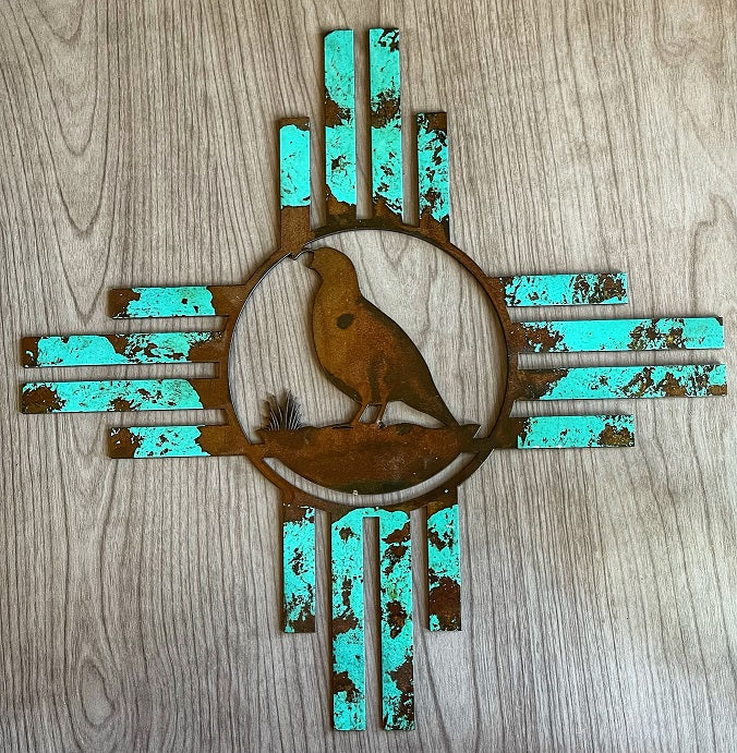 zia with quail metal wall decor - turquoise