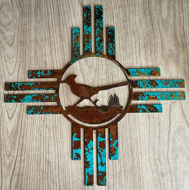 zia with roadrunner metal wall art - turquoise