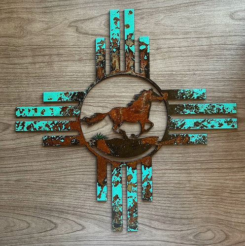 southwest zia sun with horse metal wall art